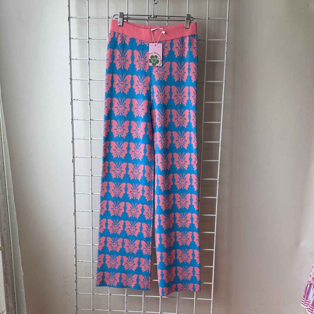 NWT Emma on Holiday Pink & Blue Butterfly Pattern Knit Pants Size Medium #0024